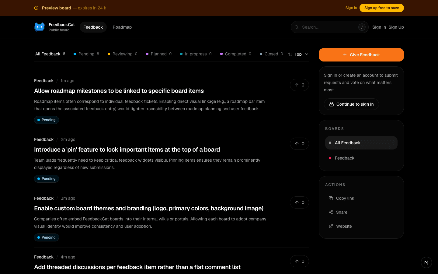 FeedbackCat public feedback board showing feature requests with voting, status badges, and a sidebar with board navigation